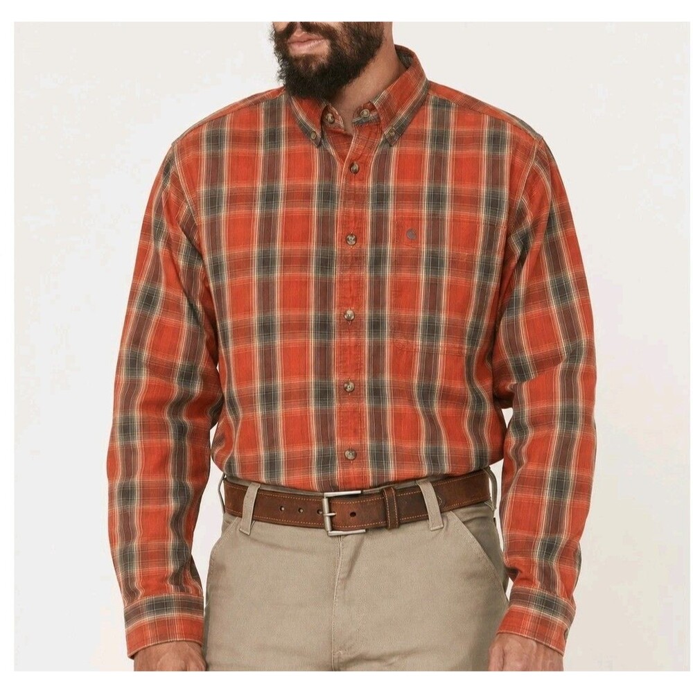 Carhartt Plaid Button Down Shirt M Orange Brown Casual Cotton Long Sleeve Pocket